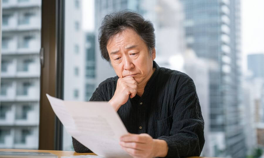 賃貸物件の書類を見ながら考え込むオーナー
