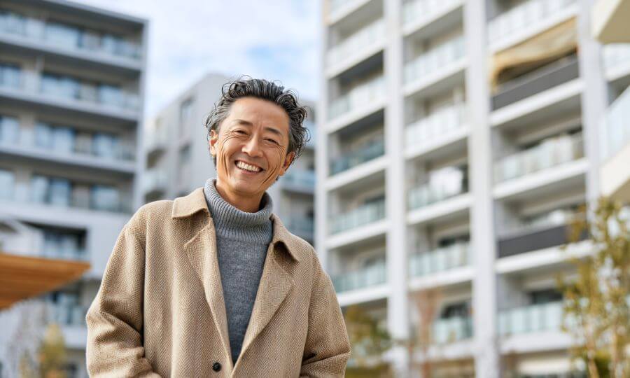 満室になった賃貸物件の前で安心した表情のオーナー