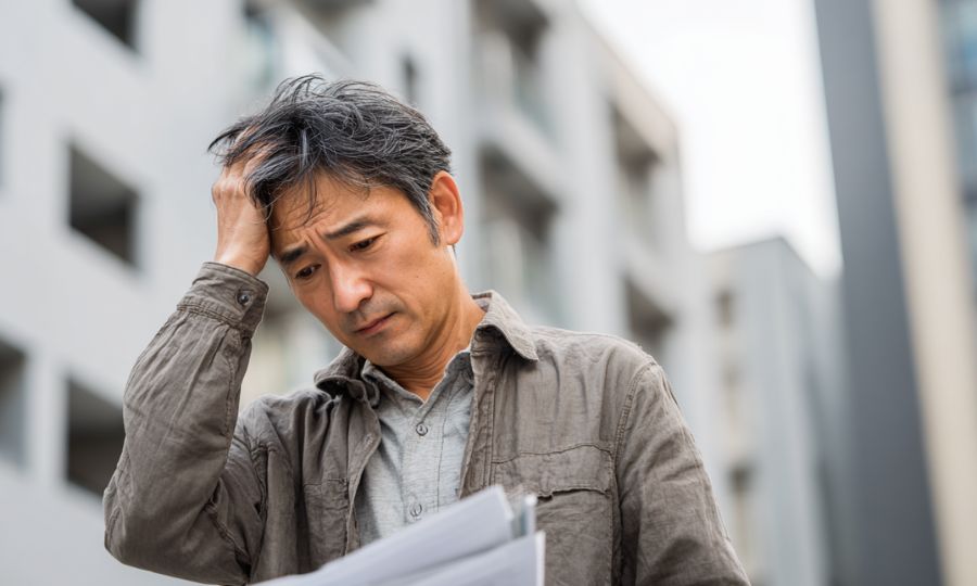 頭を抱えて管理書類を眺めるオーナー