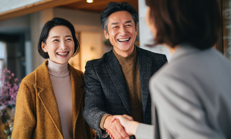不動産会社の担当者と握手する売却に成功した夫婦